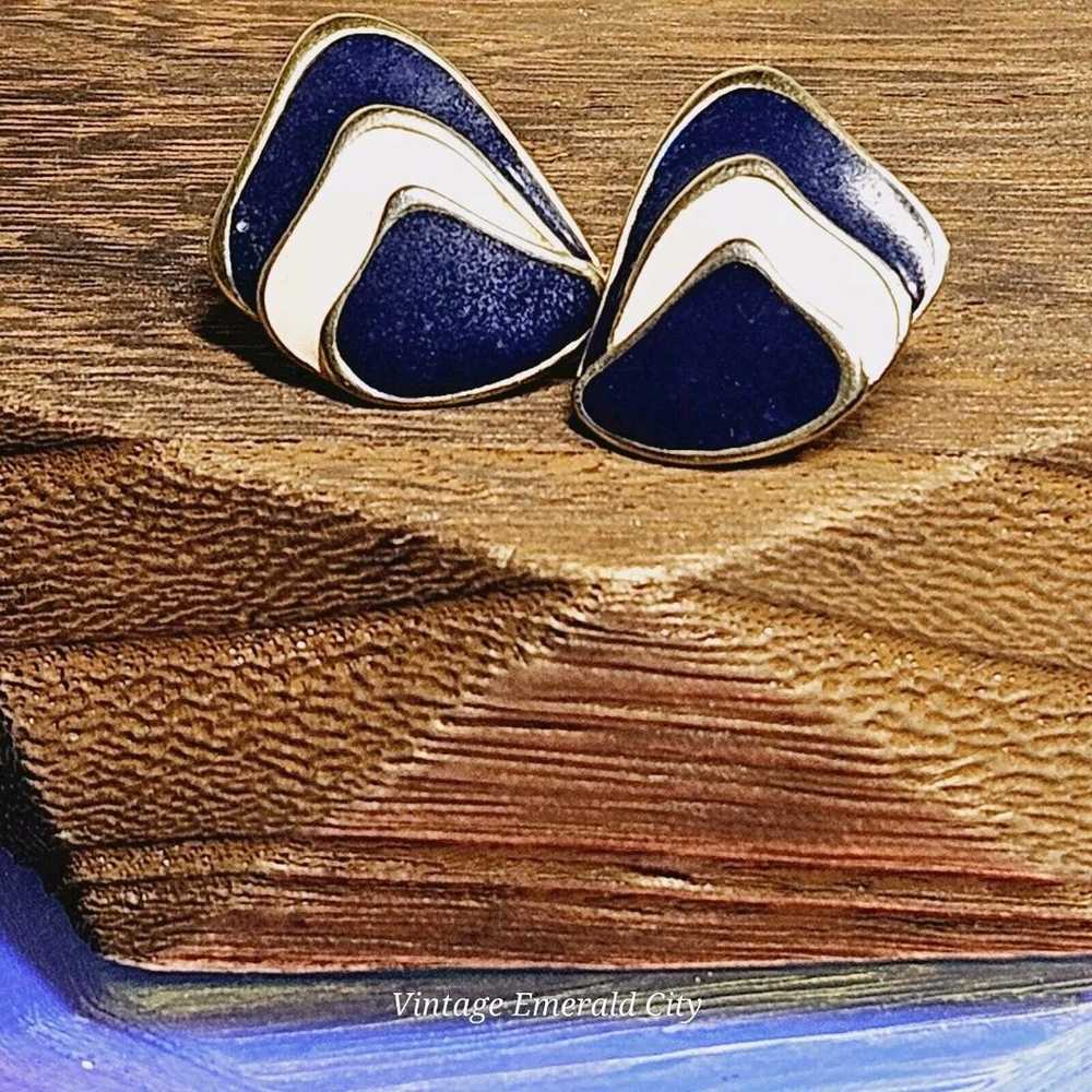 Vintage Pierced Earrings Gold Plated Navy Blue & … - image 6