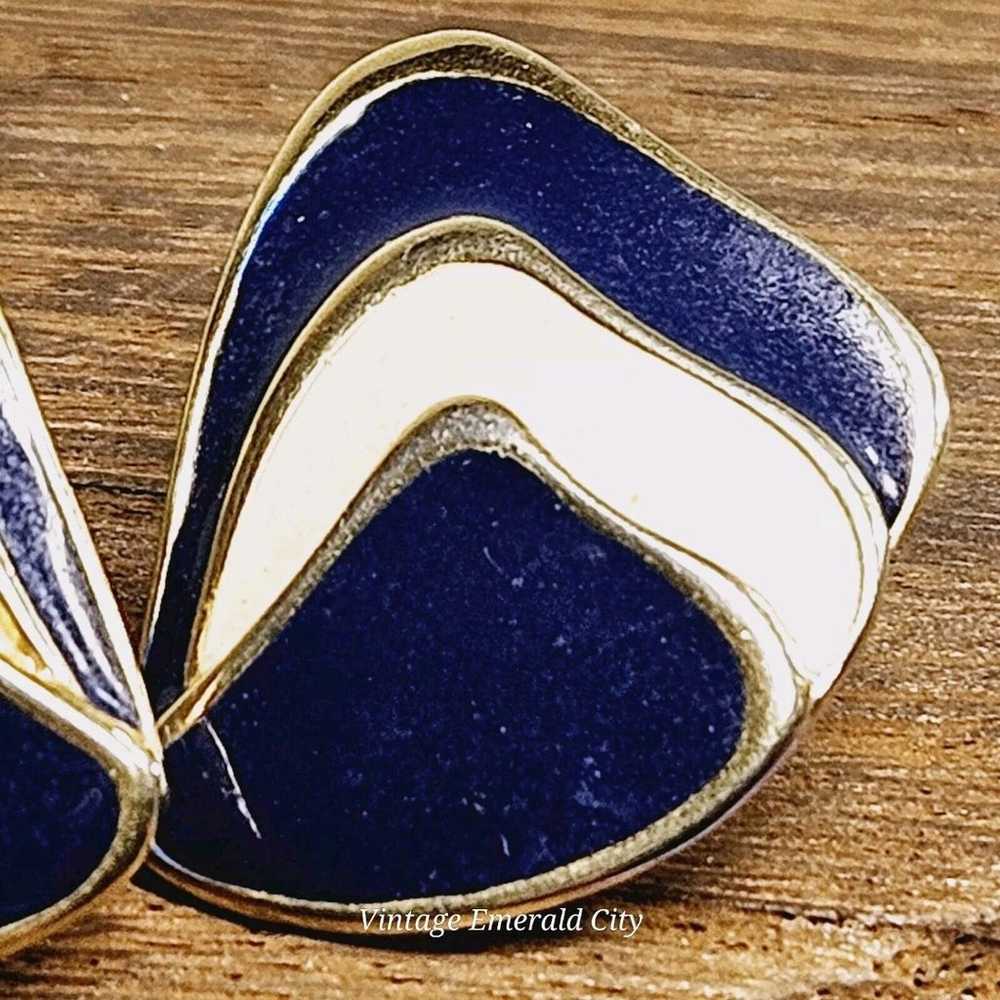 Vintage Pierced Earrings Gold Plated Navy Blue & … - image 7