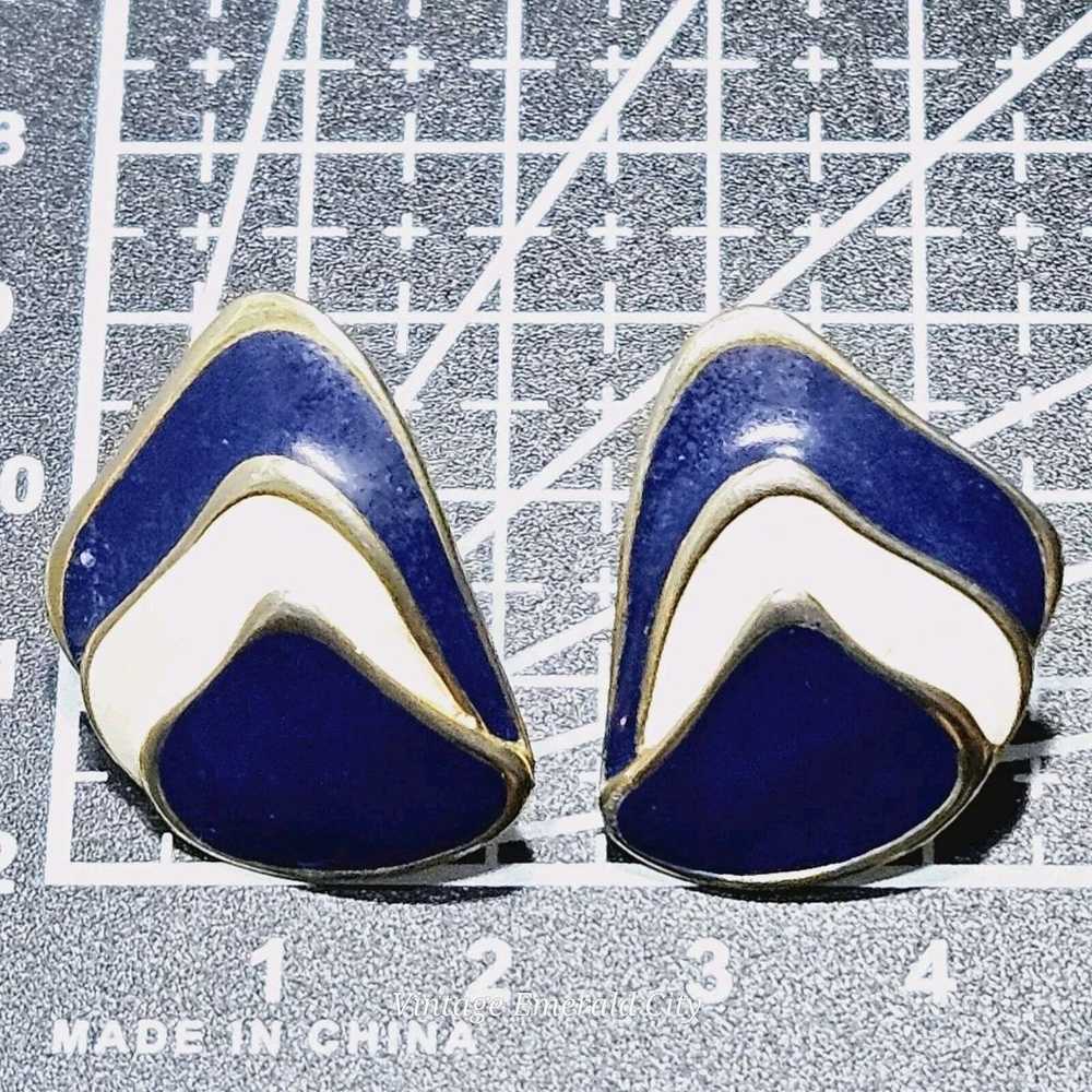 Vintage Pierced Earrings Gold Plated Navy Blue & … - image 9