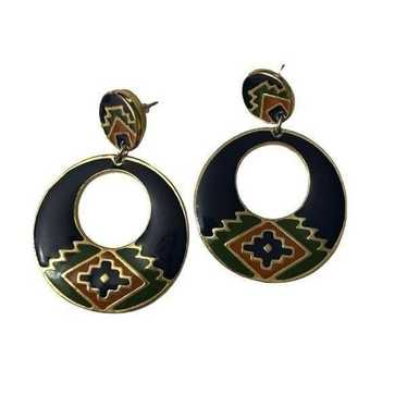 Vtg 90s Drop Earrings Blue Gold Aztec Southwest C… - image 1