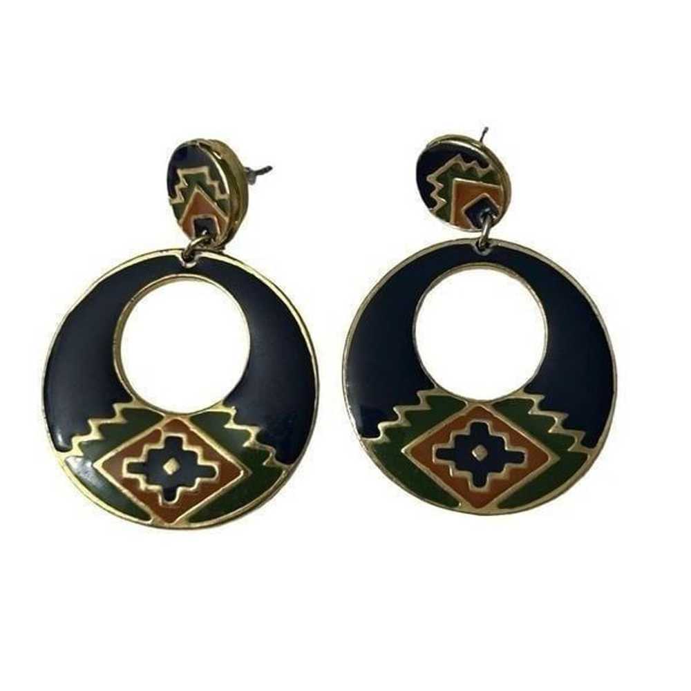 Vtg 90s Drop Earrings Blue Gold Aztec Southwest C… - image 3