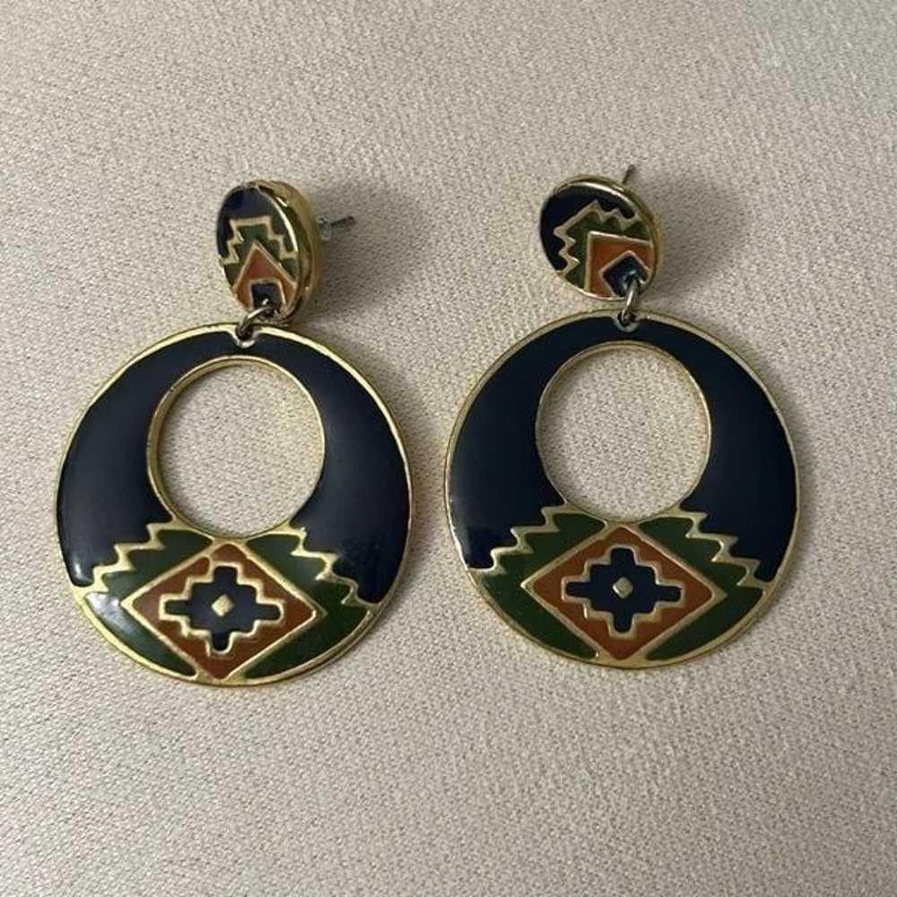 Vtg 90s Drop Earrings Blue Gold Aztec Southwest C… - image 5