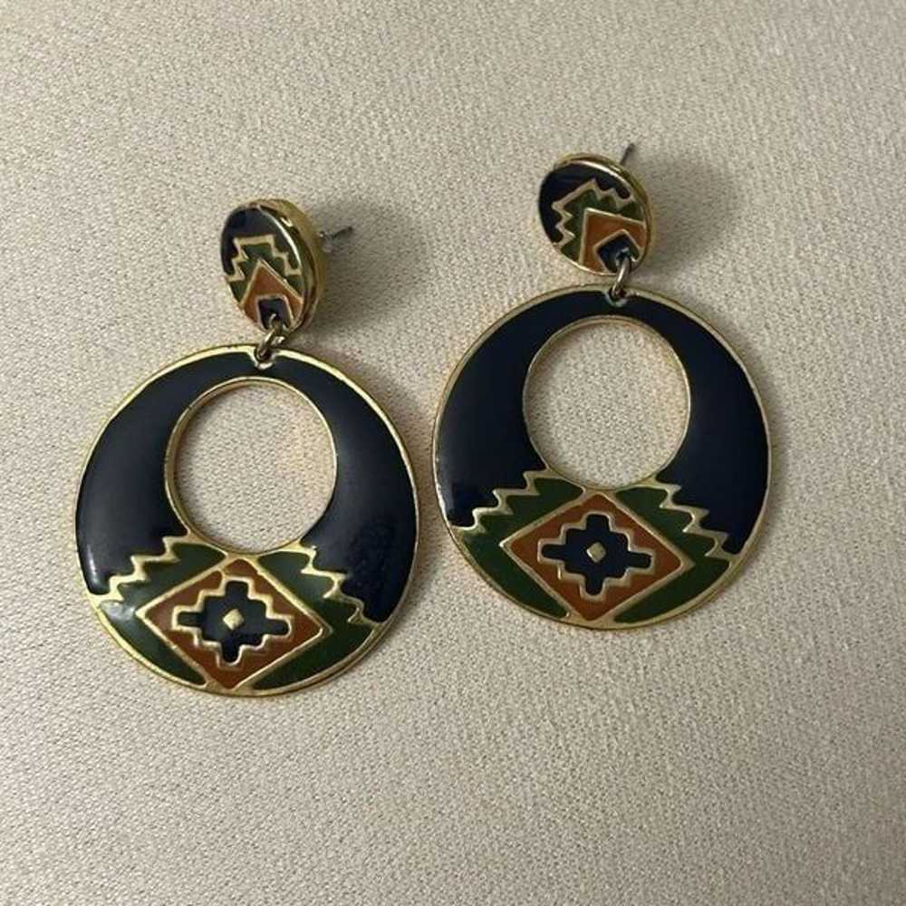 Vtg 90s Drop Earrings Blue Gold Aztec Southwest C… - image 6