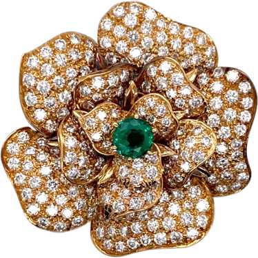 Vintage 18K Yellow Gold Emerald and Diamond Brooch