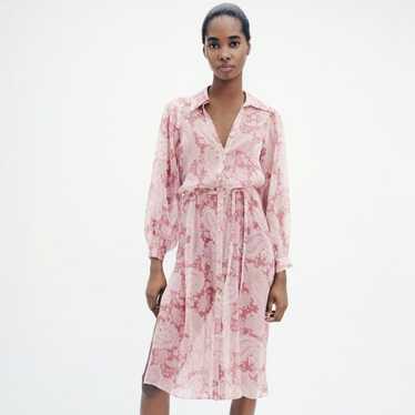 ZARA Semi-Sheer Floral Belted Shirt Dress Pink Sma