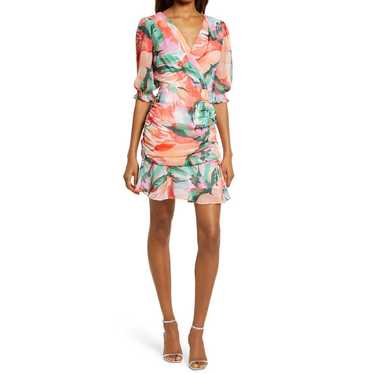 Adelyn Rae Coral Floral Metallic Stripe Chiffon Ru