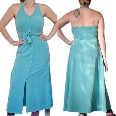 Teal Halter Sundress Belted Button Shirt Shirt Dr… - image 1