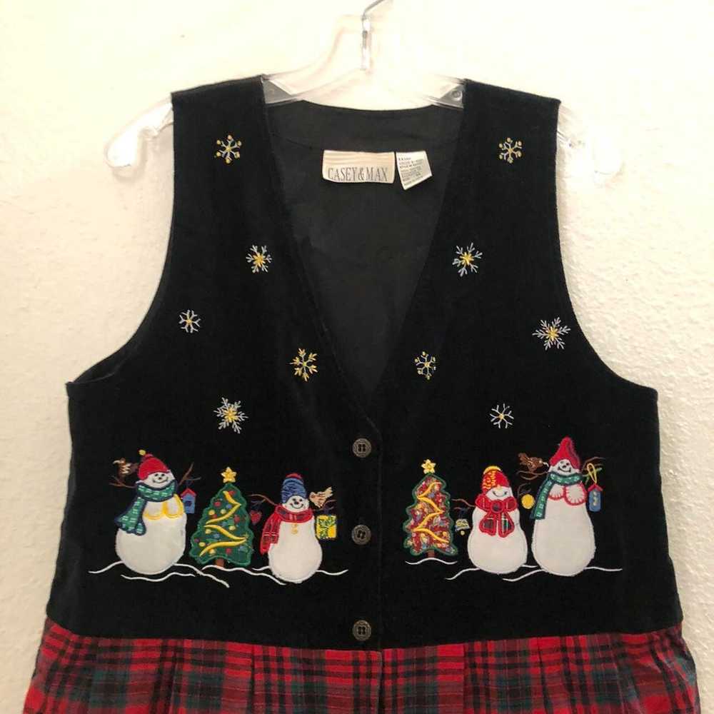 80s Vintage Red Black Christmas snowman vest cott… - image 2