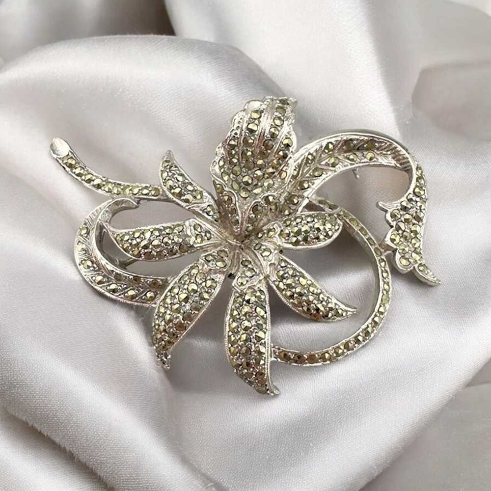 Vintage Silver Tone Orchid Flower Brooch With Mar… - image 1