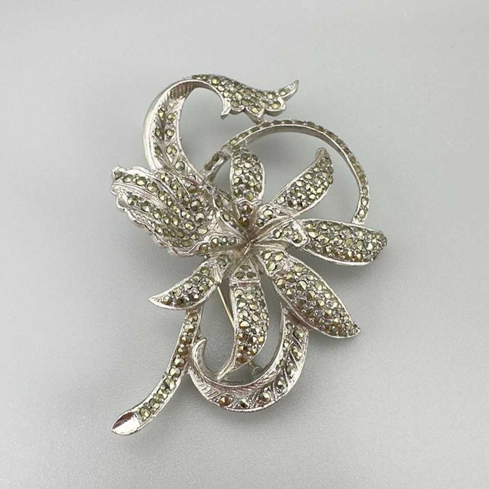 Vintage Silver Tone Orchid Flower Brooch With Mar… - image 2