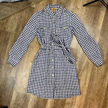 Tory Burch Checkered Blue and White Front Tie Dres