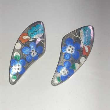 Vintage Silver Tone Cloisonne Enamel Flower Butte… - image 1