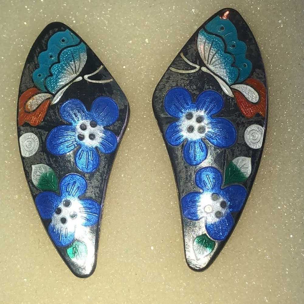 Vintage Silver Tone Cloisonne Enamel Flower Butte… - image 3