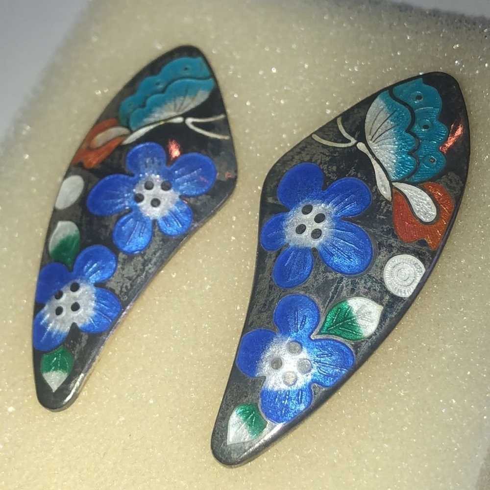 Vintage Silver Tone Cloisonne Enamel Flower Butte… - image 4