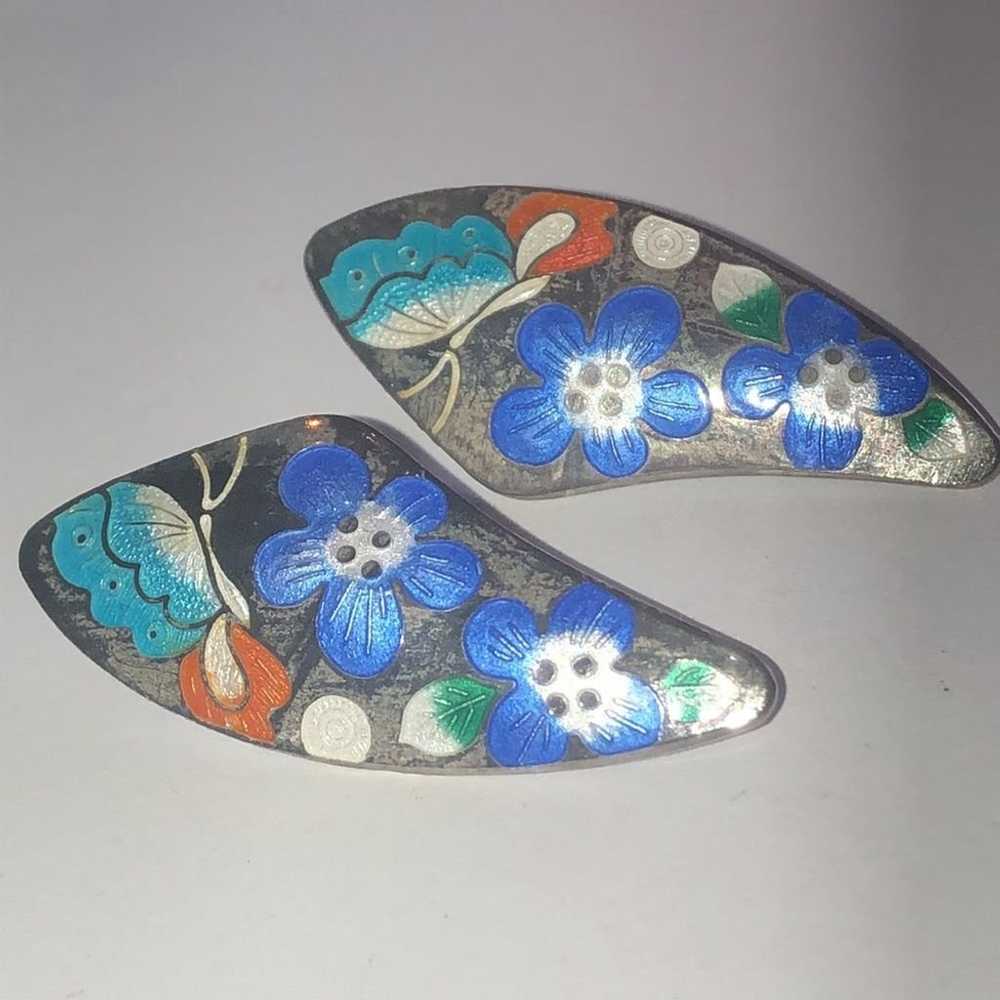 Vintage Silver Tone Cloisonne Enamel Flower Butte… - image 6