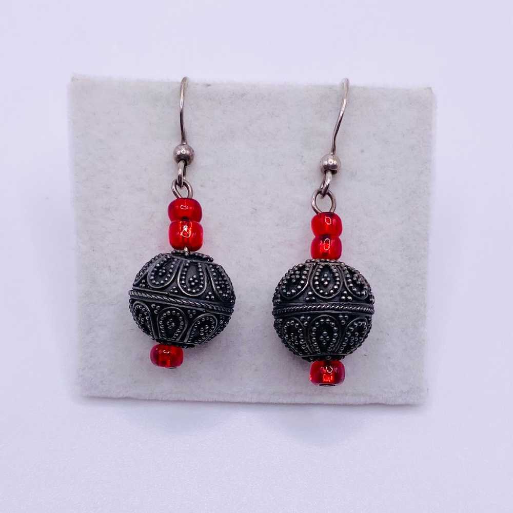 Sterling Silver Red Glass Beaded Dangle Earrings … - image 1