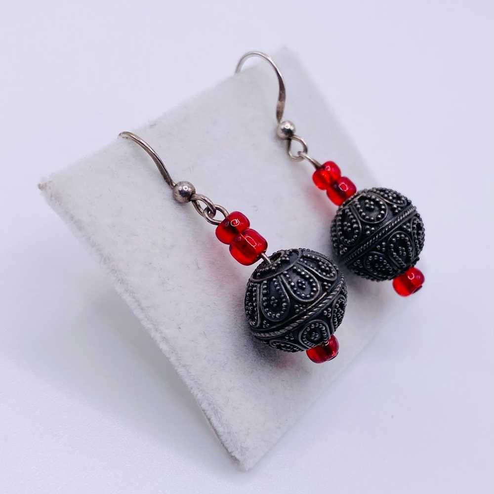 Sterling Silver Red Glass Beaded Dangle Earrings … - image 2