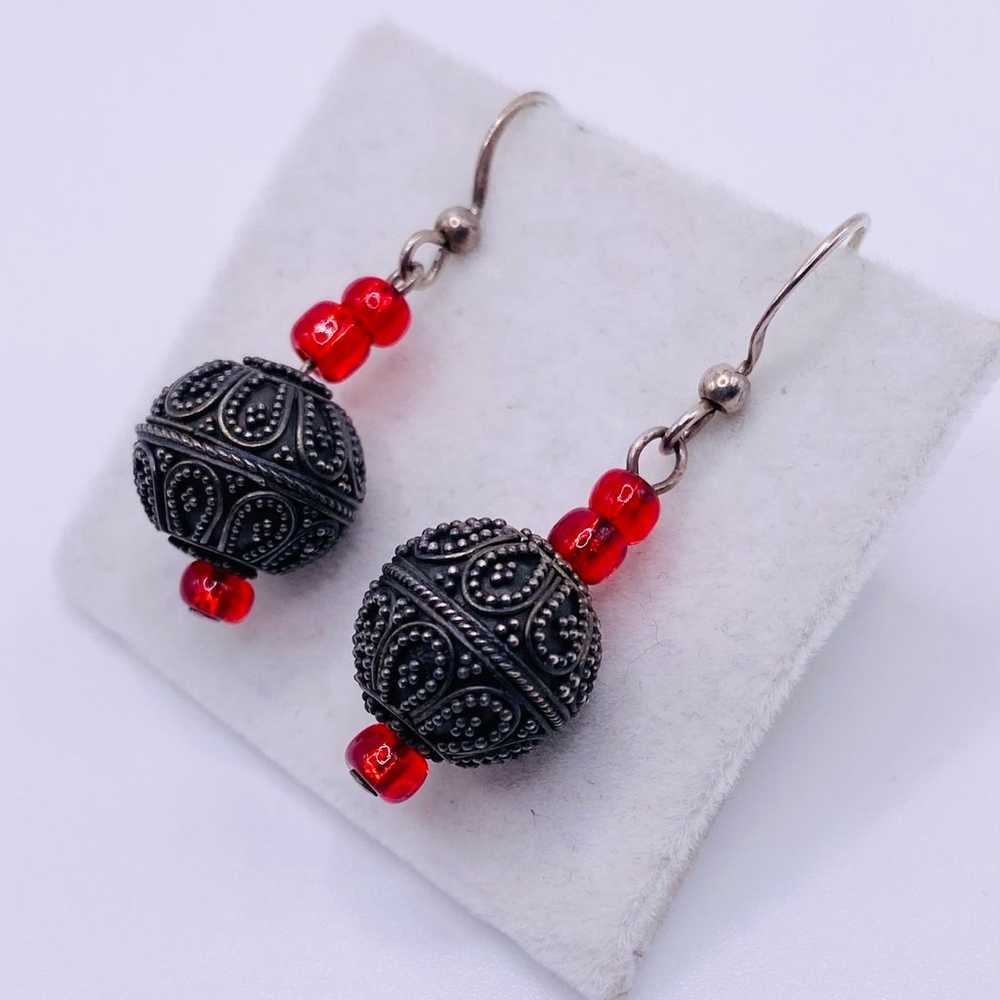 Sterling Silver Red Glass Beaded Dangle Earrings … - image 3