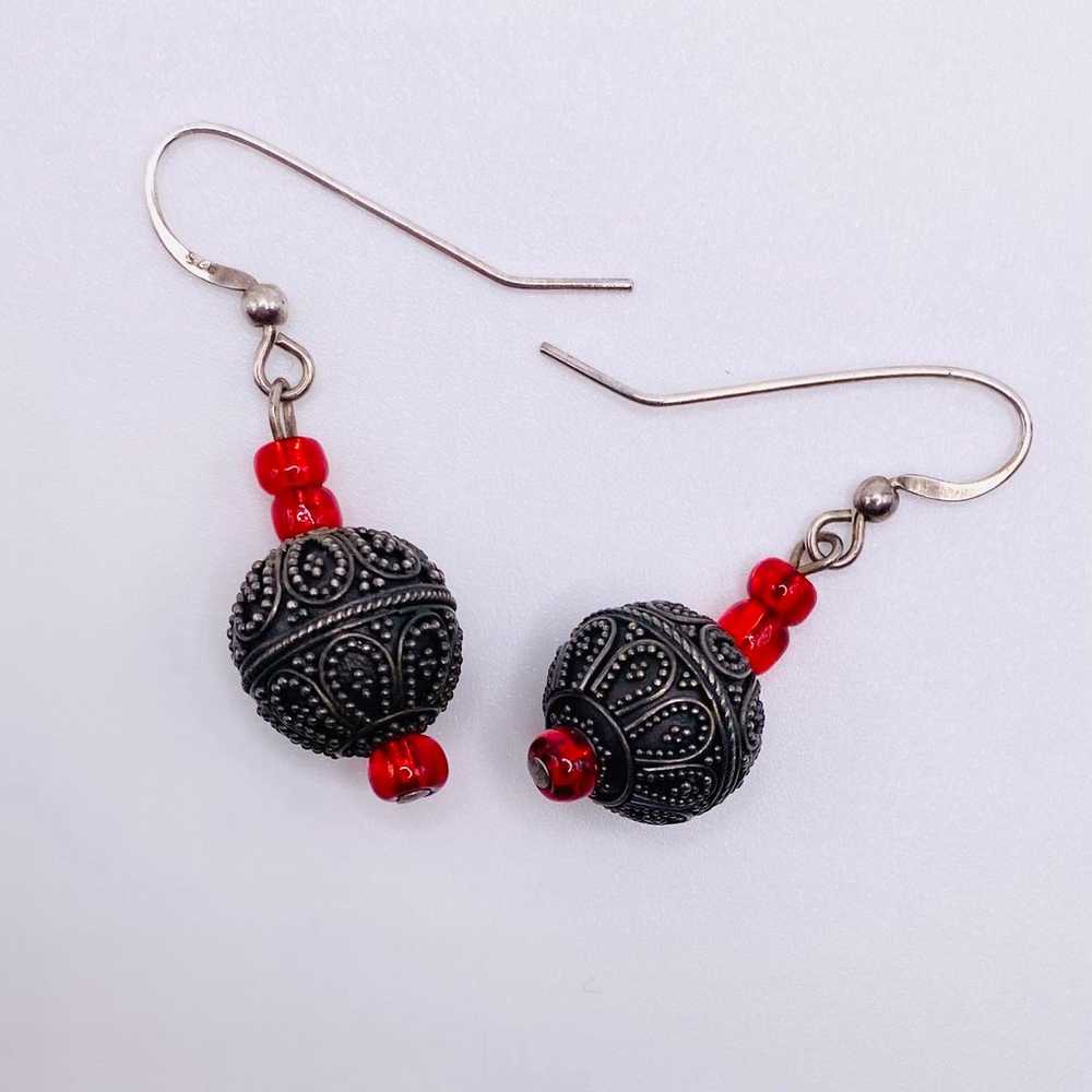 Sterling Silver Red Glass Beaded Dangle Earrings … - image 4