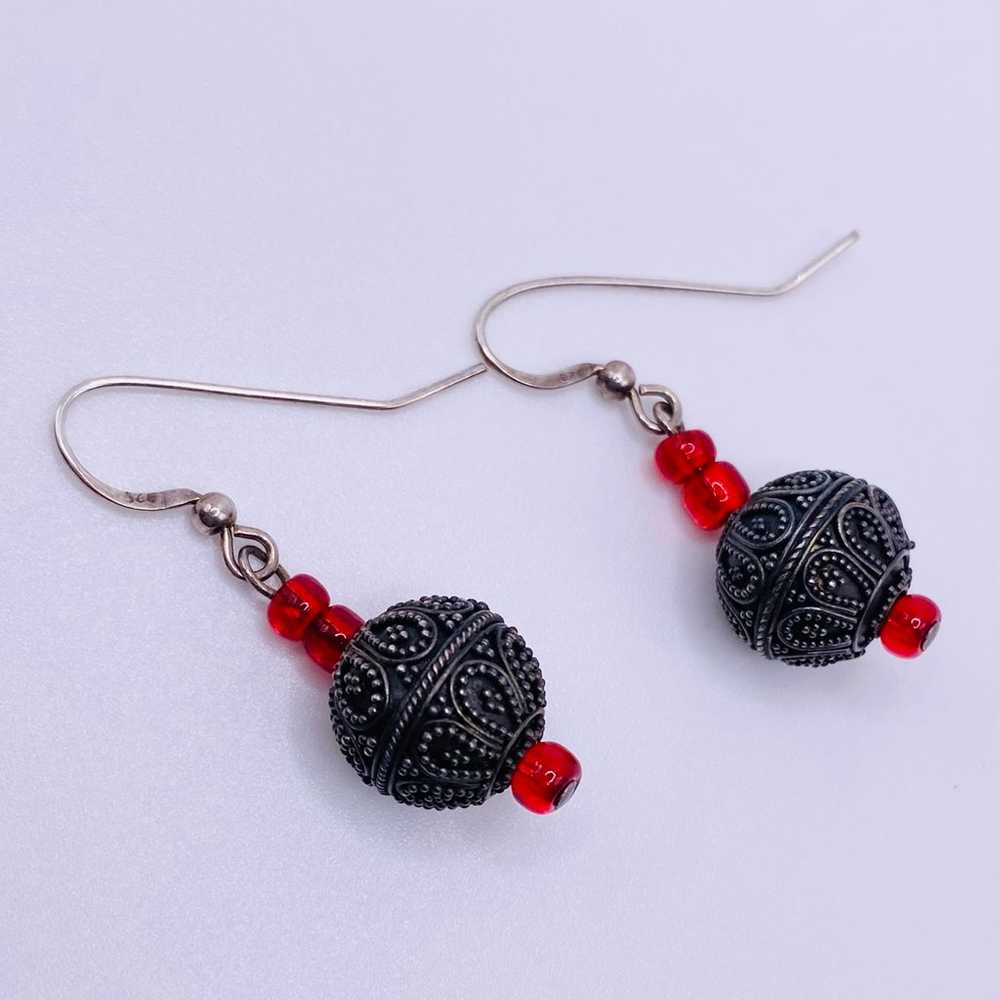 Sterling Silver Red Glass Beaded Dangle Earrings … - image 6