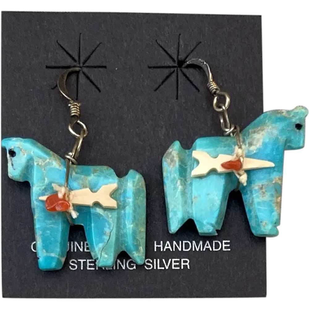 Vintage Zuni Turquoise Horse Fetish Earrings Fren… - image 1