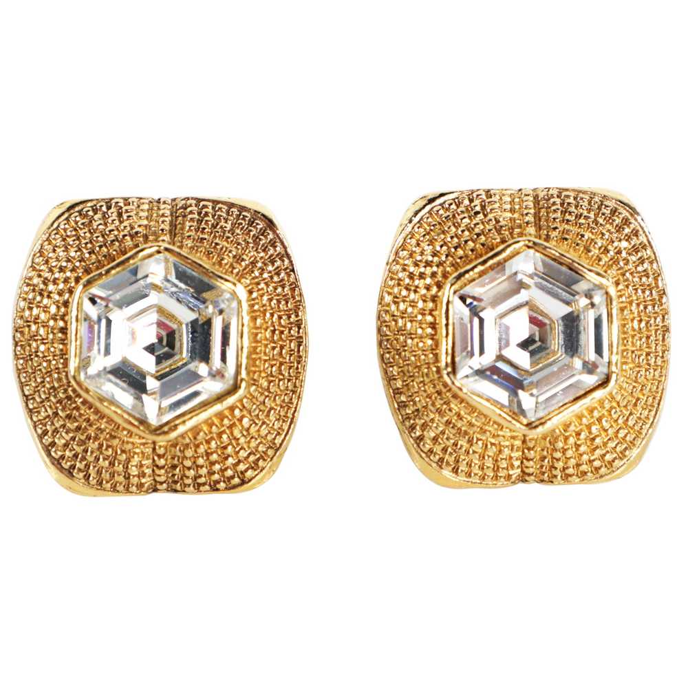 Vtg 90s CHANEL Hexagon Rhinestone Gold Frame Clip… - image 1