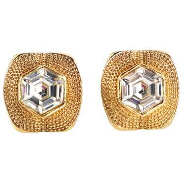 Vtg 90s CHANEL Hexagon Rhinestone Gold Frame Clip… - image 1