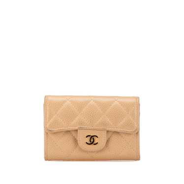 Tan Chanel CC Caviar Classic Flap Card Holder