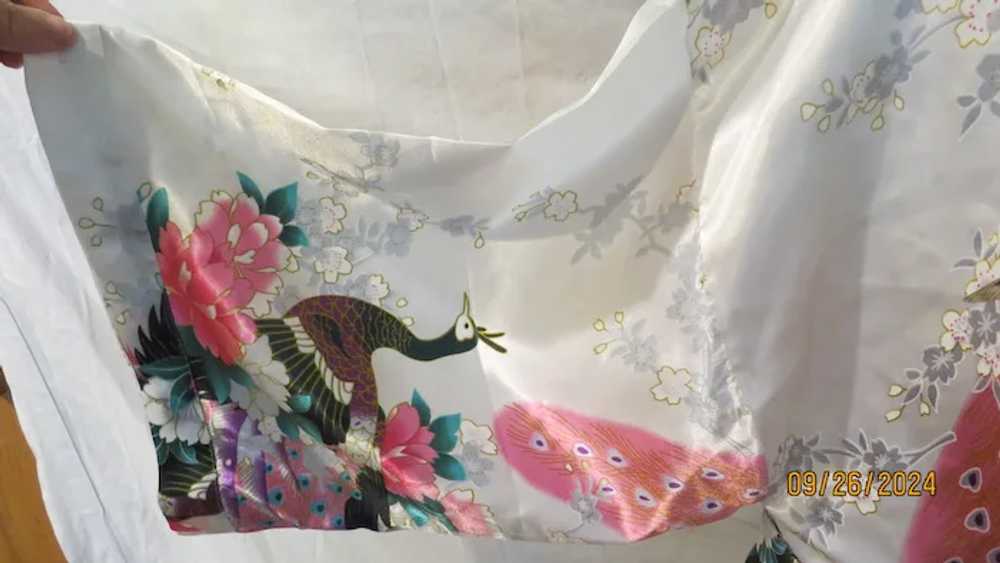 Pink Peacocks on White Kimono Robe - image 3