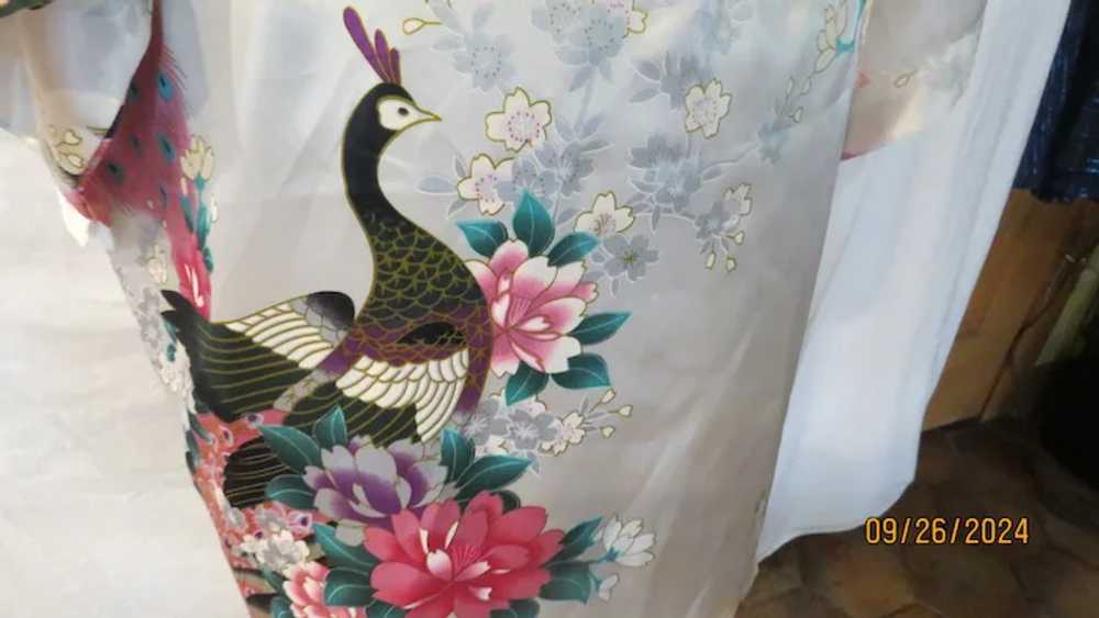 Pink Peacocks on White Kimono Robe - image 6