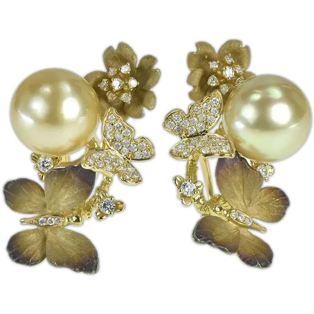 18K J Y Designer Diamond Pearl Butterfly Earrings… - image 1