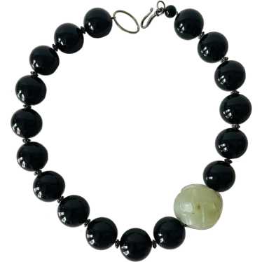 Chinese Black Onyx Carved Jade beaded Necklace - image 1