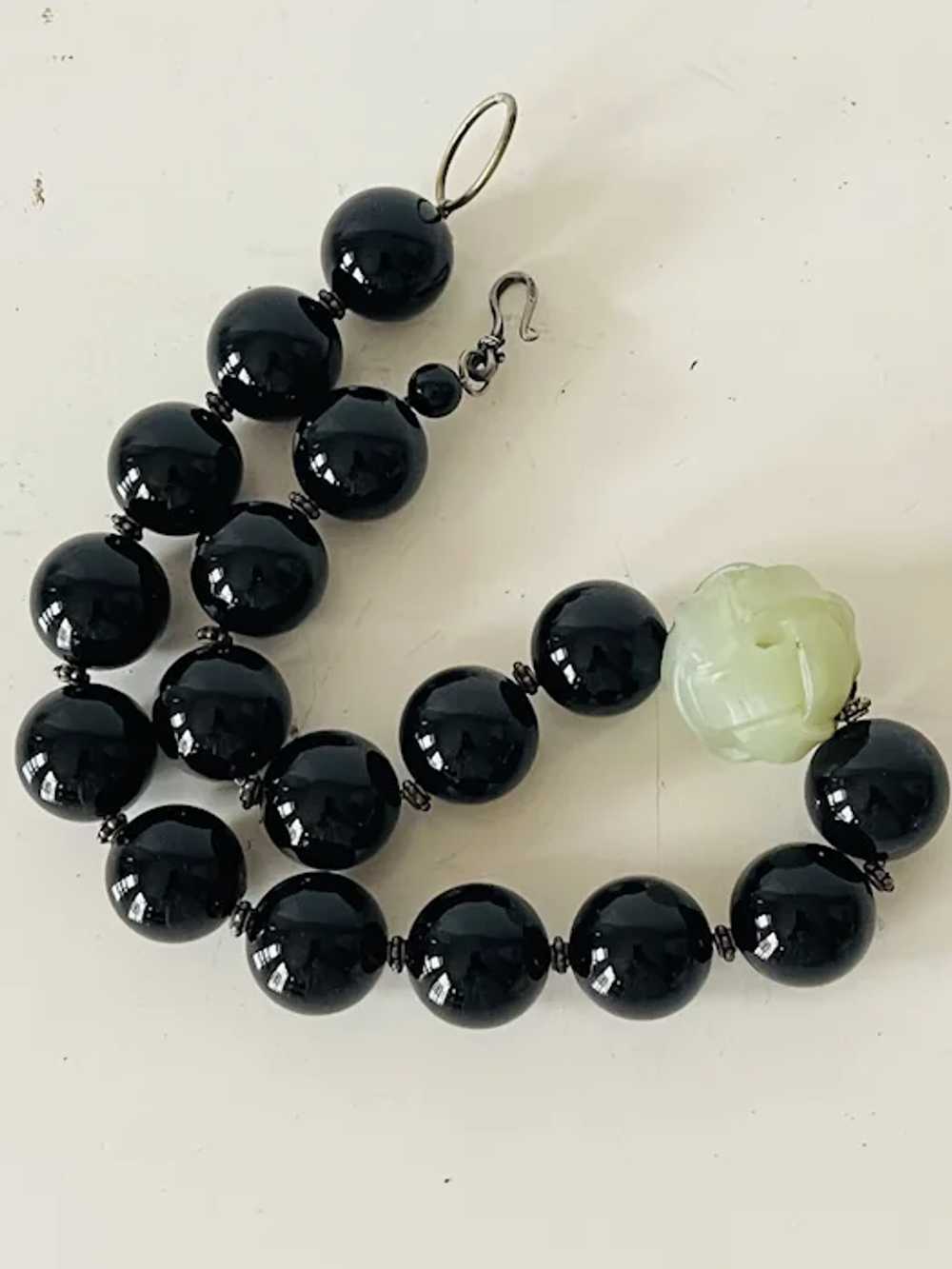 Chinese Black Onyx Carved Jade beaded Necklace - image 2