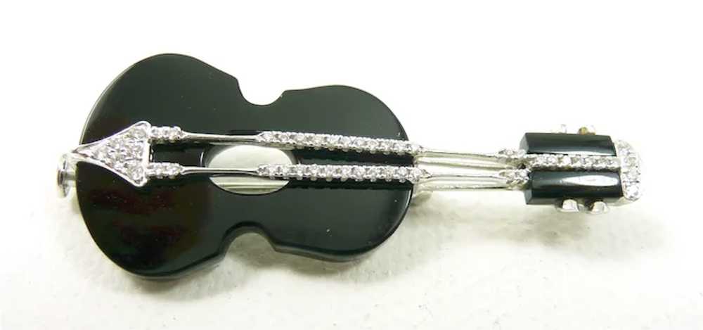 Stylish Diamond and Onyx Guitar Pendant Brooch - image 2