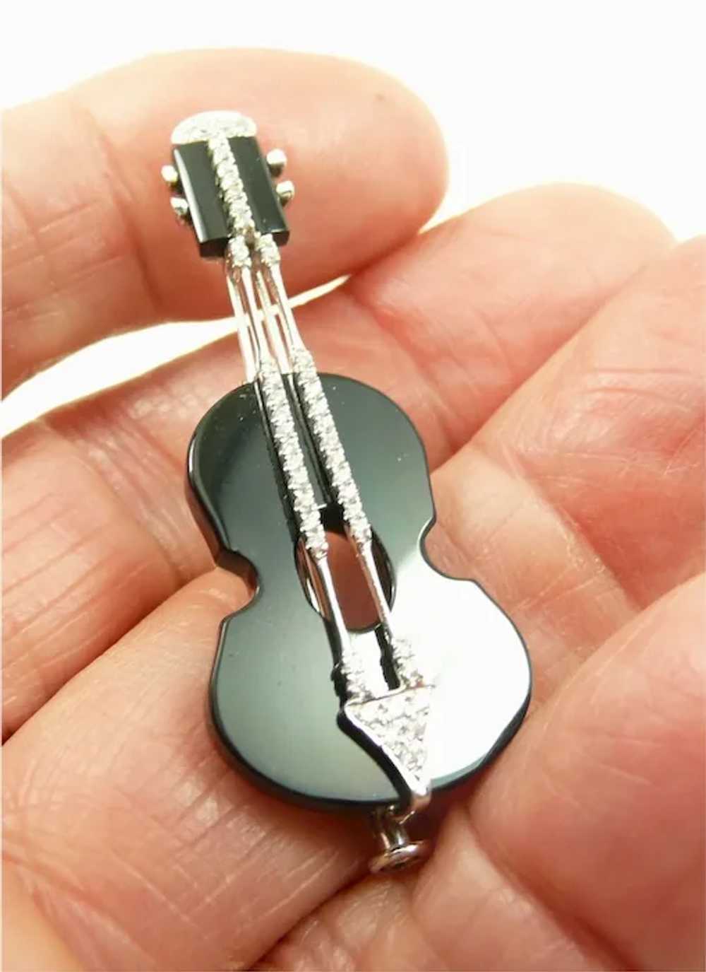 Stylish Diamond and Onyx Guitar Pendant Brooch - image 3