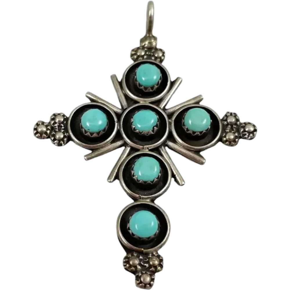 Sterling Silver & Turquoise Cross Pendant Navajo … - image 1