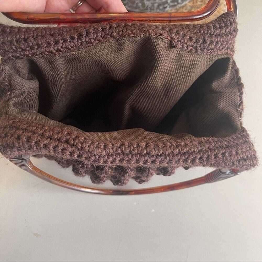 Vintage Amber Acrylic Handle Yarn Purse Brown - image 3