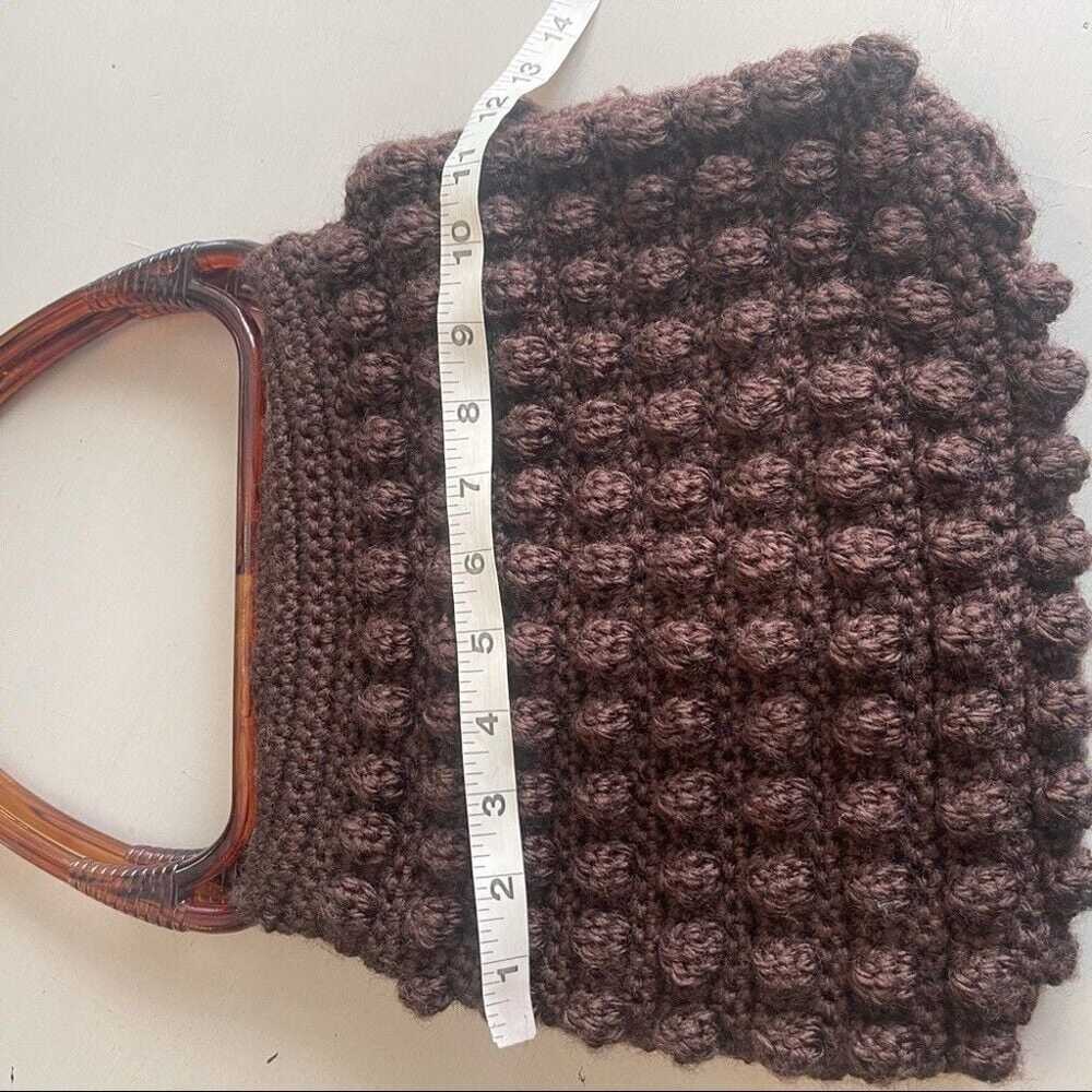 Vintage Amber Acrylic Handle Yarn Purse Brown - image 6