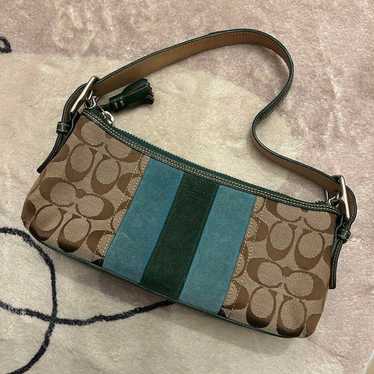 Coach pouch in brown, blue, and green.