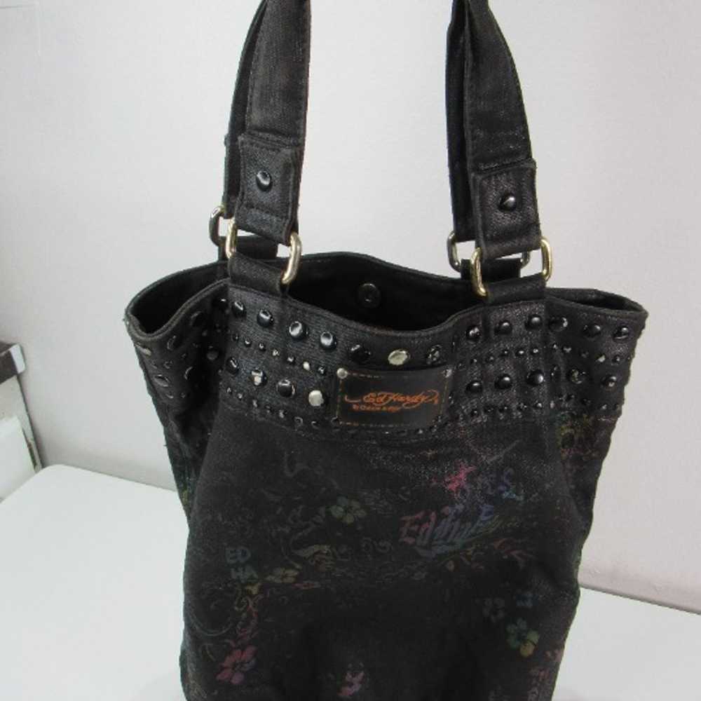 Ed Hardy Tote Bag Purse Black Colorful Floral Stu… - image 1