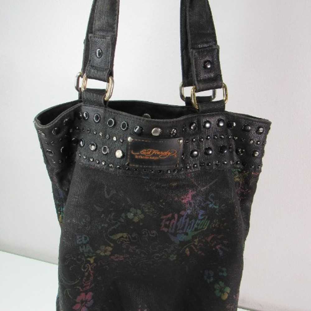 Ed Hardy Tote Bag Purse Black Colorful Floral Stu… - image 2