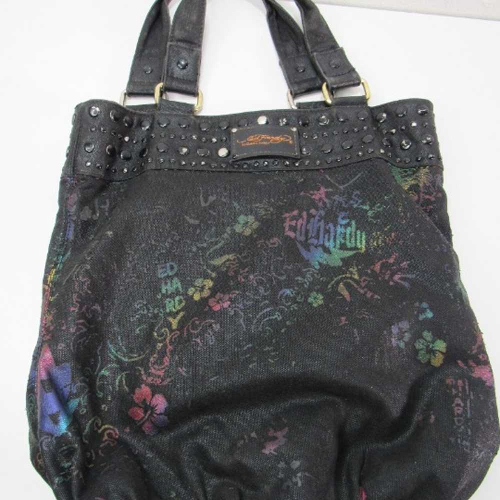 Ed Hardy Tote Bag Purse Black Colorful Floral Stu… - image 6