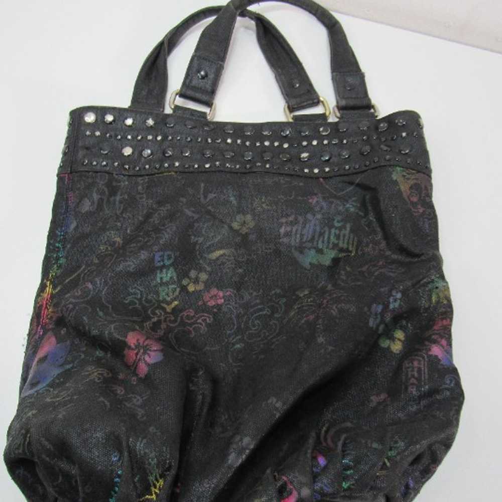 Ed Hardy Tote Bag Purse Black Colorful Floral Stu… - image 9