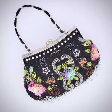 Beaded  Sequin Floral Black Bag Kiss Lock Clutch … - image 1