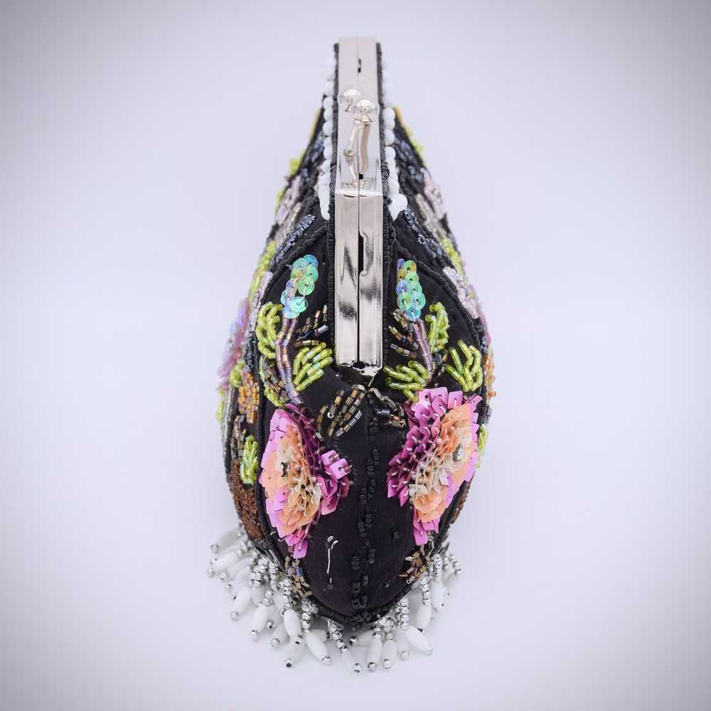 Beaded  Sequin Floral Black Bag Kiss Lock Clutch … - image 3