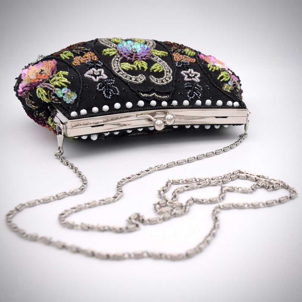 Beaded  Sequin Floral Black Bag Kiss Lock Clutch … - image 5