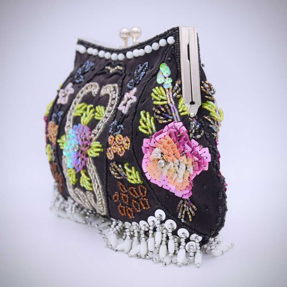 Beaded  Sequin Floral Black Bag Kiss Lock Clutch … - image 6