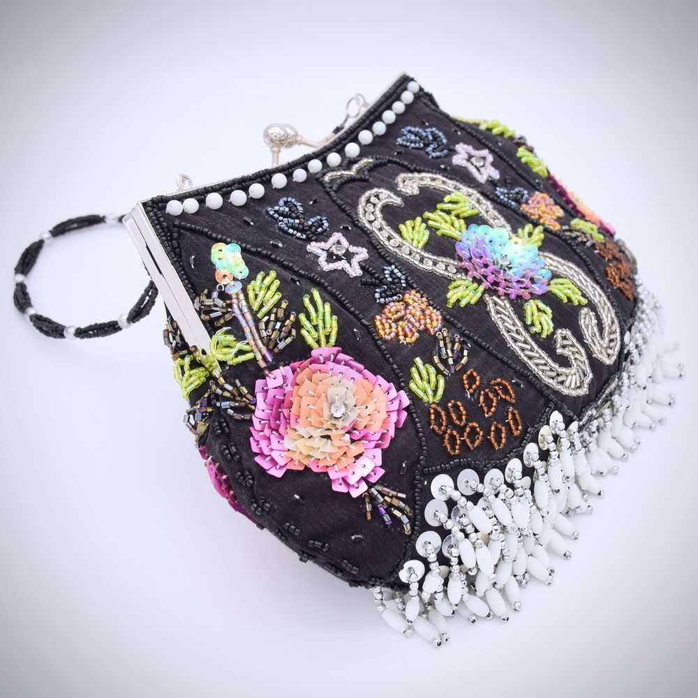 Beaded  Sequin Floral Black Bag Kiss Lock Clutch … - image 8