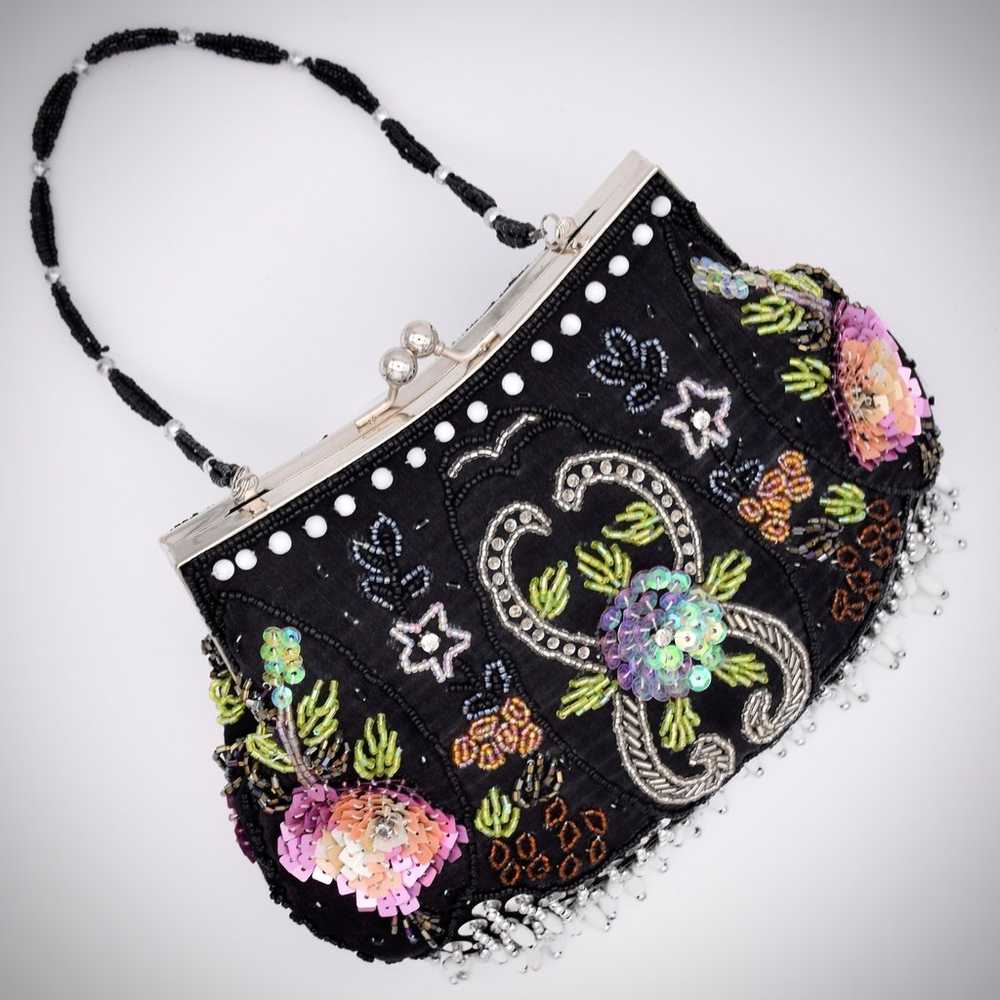 Beaded  Sequin Floral Black Bag Kiss Lock Clutch … - image 9