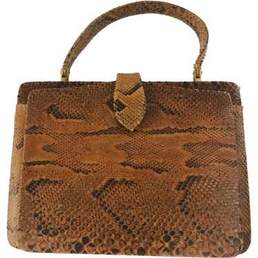 Vintage Exotic Python Leather Handbag with Brass … - image 1